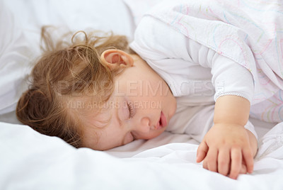 Buy stock photo Face, baby and kid sleeping on bed for calm break, peace and dreaming to relax at home. Tired young child asleep with blanket for newborn development, healthy childhood growth or rest in nursery room