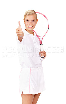Buy stock photo Portrait of a positive looking young woman showing you the "thumbs up" while holding her tennis racquet