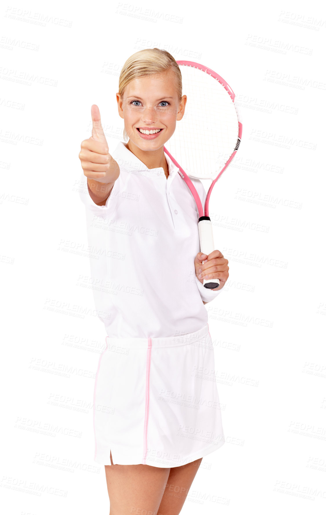 Buy stock photo Portrait of a positive looking young woman showing you the "thumbs up" while holding her tennis racquet