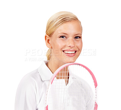 Buy stock photo Portrait, woman and smile with tennis racket in studio for sports, competition and contest isolated on mockup white background. Happy professional athlete with bat for skill, performance and pride 