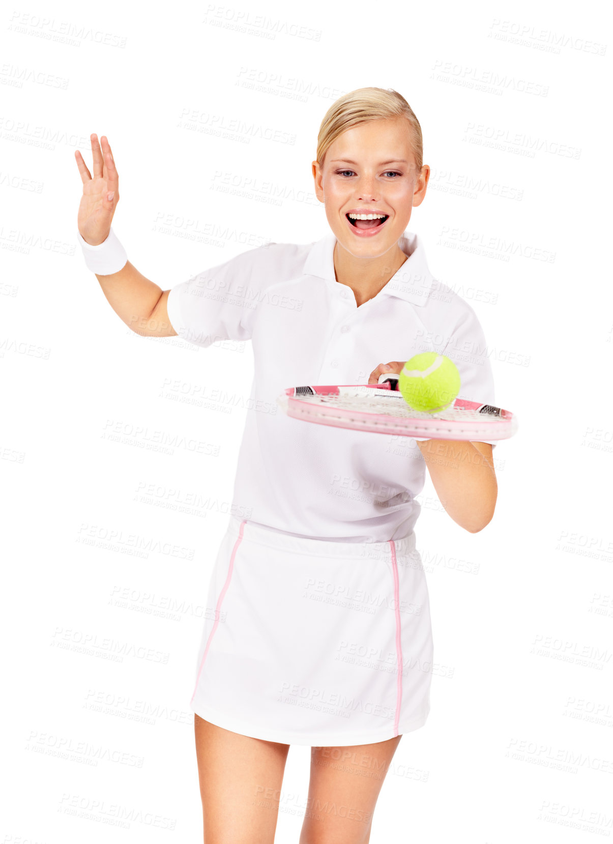 Buy stock photo Happy, woman and balance ball with tennis racket in studio for sports, competition and contest isolated on mockup white background. Excited athlete with bat for skill, performance and fun training 