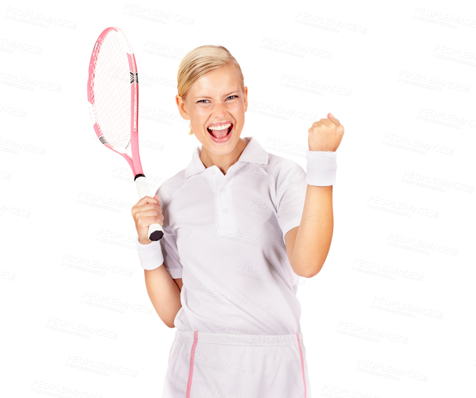 Buy stock photo Portrait of a beautiful young woman cheering while holding her tennis racquet