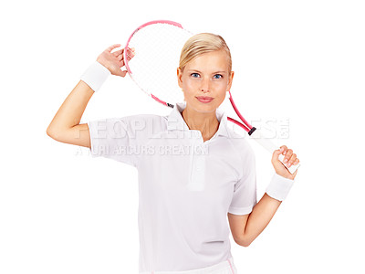 Buy stock photo Portrait of a beautiful young woman holding her tennis racquet
