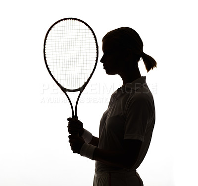 Buy stock photo Silhouette, woman and racket in studio for tennis, sports competition and contest on white background from the back. Shadow, profile and outline of athlete with bat for performance, skill and match 