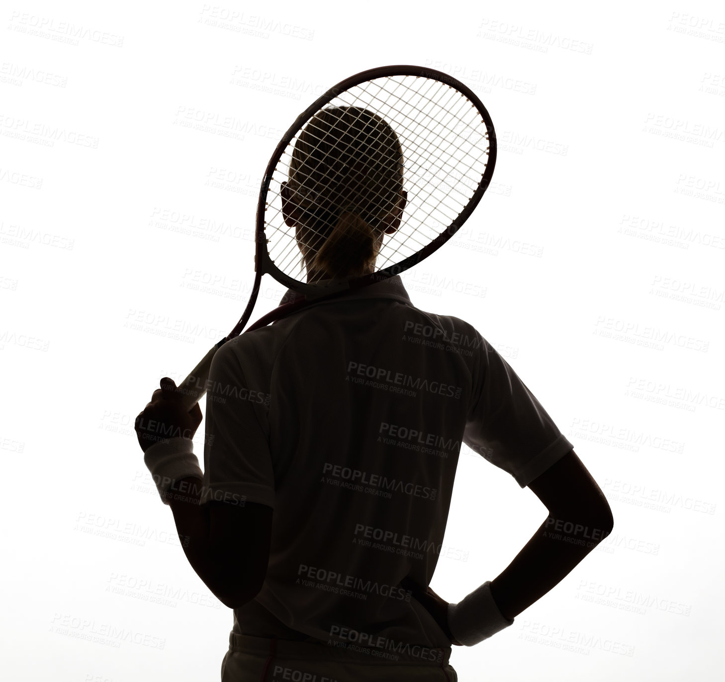 Buy stock photo Silhouette, woman and racket in studio for tennis, sports competition and contest on white background from the back. Shadow of professional athlete with bat for skill, performance and ready for match