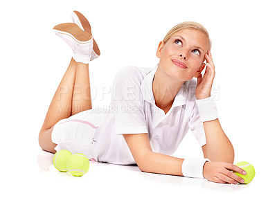 Buy stock photo Portrait of an attractive young woman looking young upwards while lying on the floor