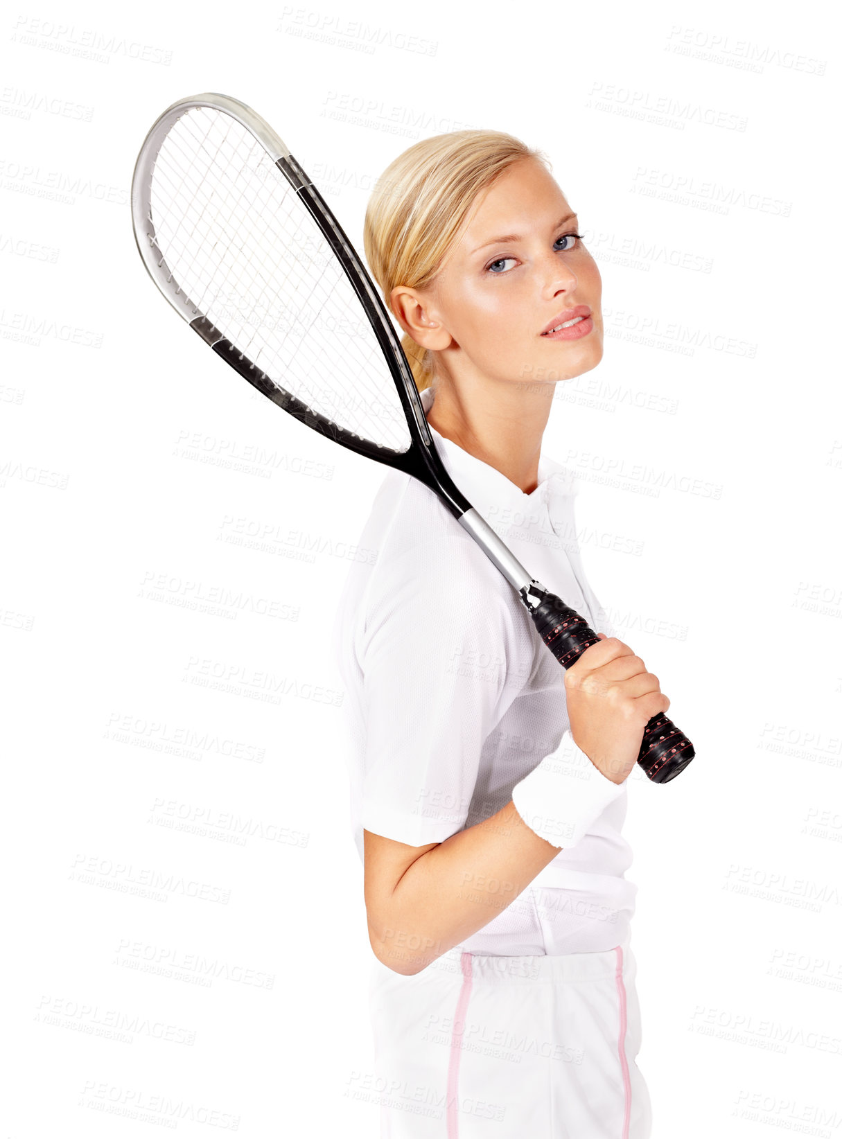 Buy stock photo Portrait of a confident looking woman holding her squash racquet