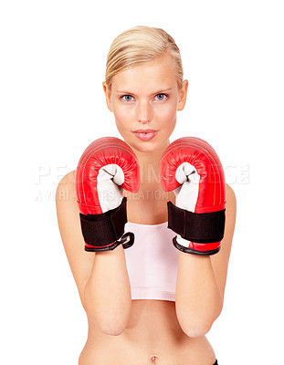 Buy stock photo Woman, boxer and portrait for fitness, exercise and workout training in match, challenge and competition by white background in studio. Person, athlete and boxing gloves on backdrop space for sports