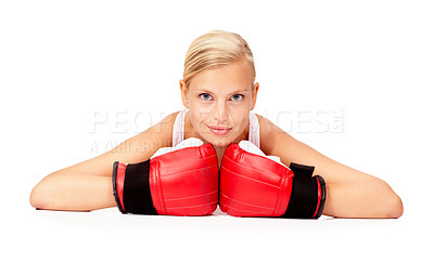 Buy stock photo Woman, boxer or lying portrait for fitness, exercise or workout training on space, challenge or competition by white background in studio. Person, athlete or boxing gloves on backdrop space in sports