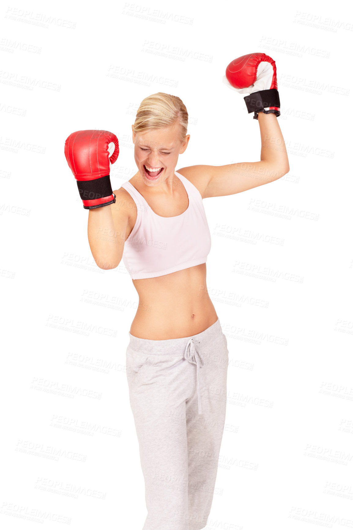 Buy stock photo Woman, boxer and success for fight winner, achievement and victory match by white background in studio. Person, athlete and boxing champion in celebration for fitness, workout and exercise training