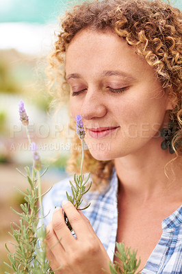 Buy stock photo A cute young woman smelling a sprig of lavender