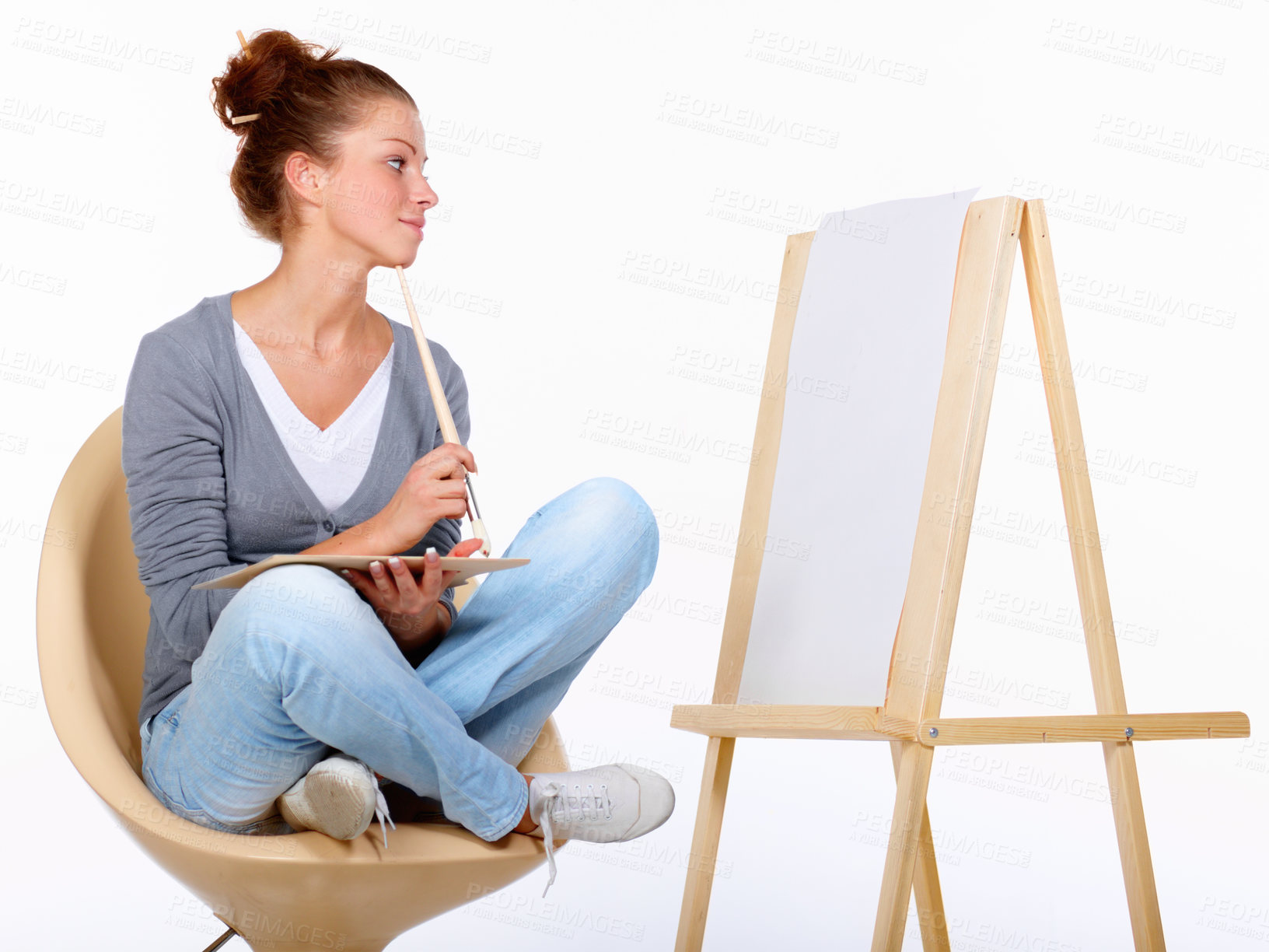 Buy stock photo Woman thinking, painting and art canvas in studio for creativity and talent with paint brush for color. Female artist or painter isolated on a white background for creative work and mockup ideas