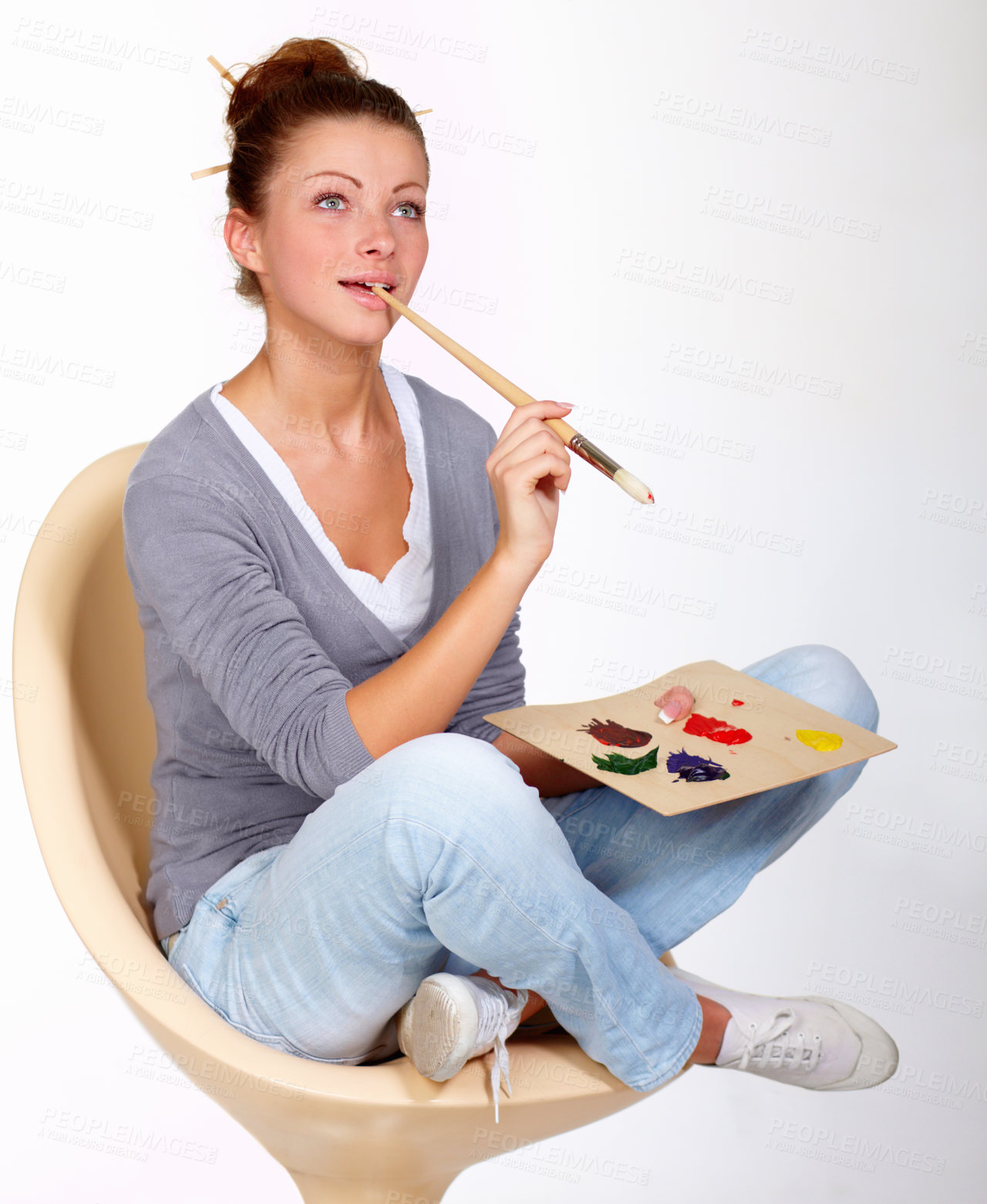 Buy stock photo Thinking, painting and art ideas in studio for creativity, talent and a paint brush for color. Female artist or painter person isolated on a white background for creative work or project to relax