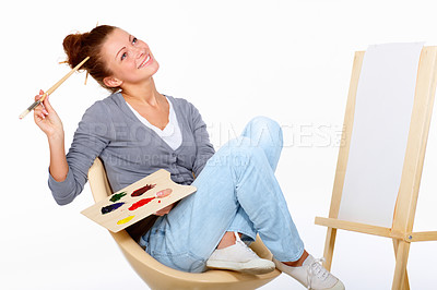 Buy stock photo Happy woman, painting and thinking of art canvas project in studio with talent and paint brush for color. Artist or painter person isolated on a white background for creative work and mockup idea