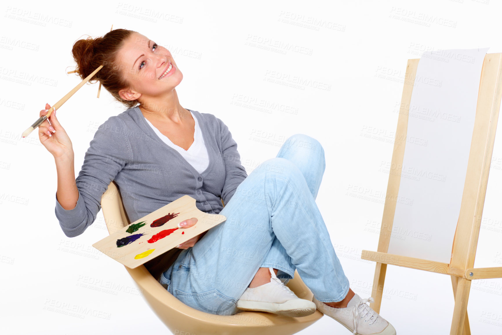 Buy stock photo Happy woman, painting and thinking of art canvas project in studio with talent and paint brush for color. Artist or painter person isolated on a white background for creative work and mockup idea