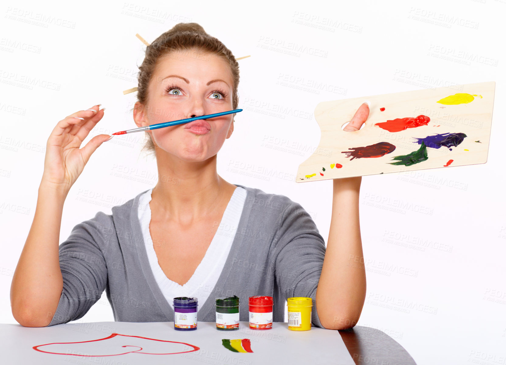 Buy stock photo Silly woman, painting and art in studio for creativity and talent with paint brush for color. Female artist or painter with funny moustache isolated on a white background for creative drawing 