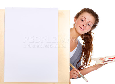 Buy stock photo Woman, painting and art canvas in studio for creativity and talent with paint and a brush for color. female artist or painter person isolated on a white background for creative work and mockup space