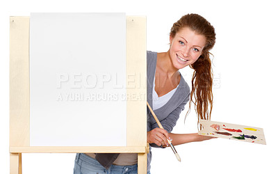 Buy stock photo Art, painter portrait and woman with canvas in studio with creativity, talent and paint brush for color. Happy female artist isolated on a white background for creative painting and mockup space
