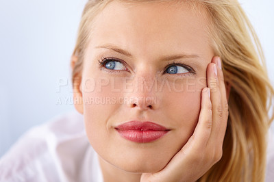 Buy stock photo Woman thinking, student ideas and smile for learning, education and scholarship or college choice in studio. Face of a young person with vision for future and university goals on a white background