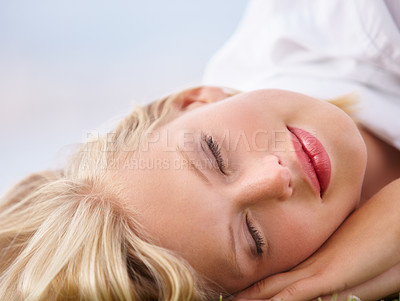 Buy stock photo Peace, sleep and face of woman outdoor with wellness nap, rest or break closeup. Relax, dreaming and tired female person sleeping outside, calm or enjoying quiet moment, me time or day off chilling