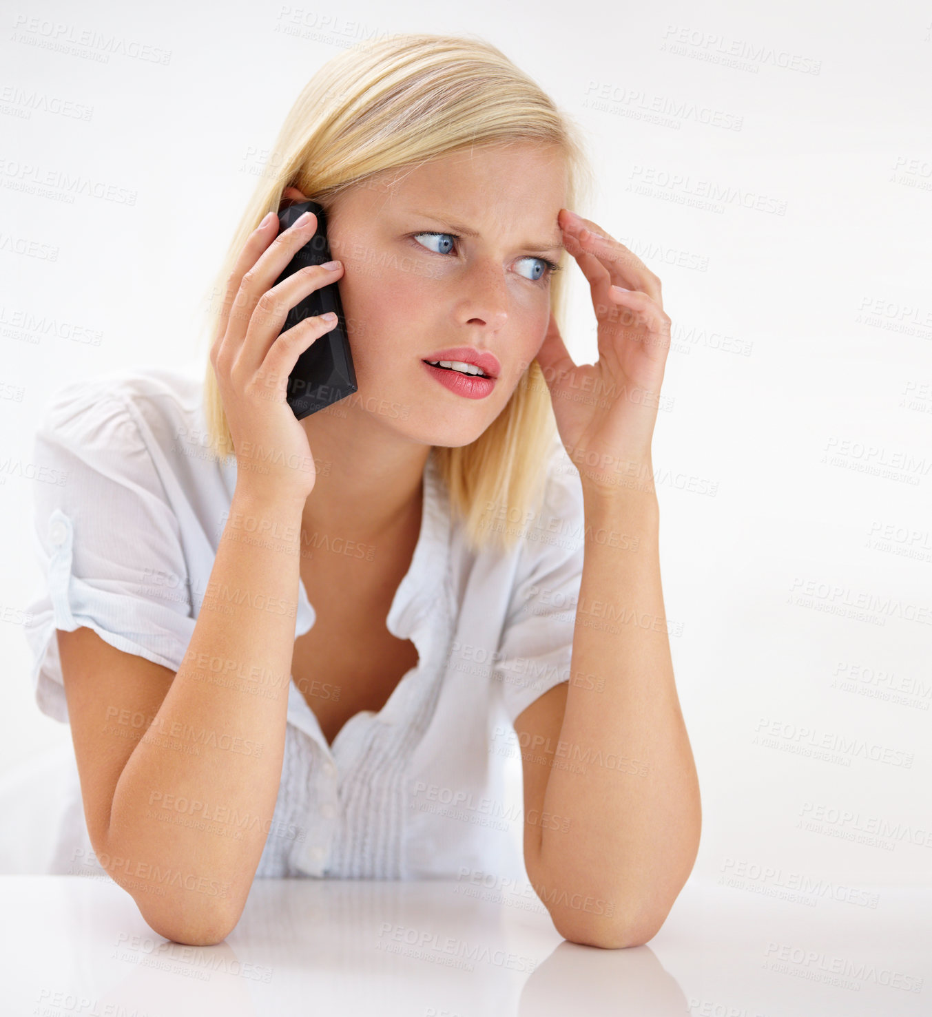 Buy stock photo Young woman, phone call and stress, confused or worried for bad news, bankruptcy or home debt. Person listening on mobile and thinking of budget mistake or wrong decision on wall or white background