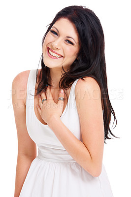 Buy stock photo Fashion, laughing and portrait of woman in a studio with casual, stylish and beautiful dress. Happy, style and female model from Australia with trendy outfit and positive attitude by white background