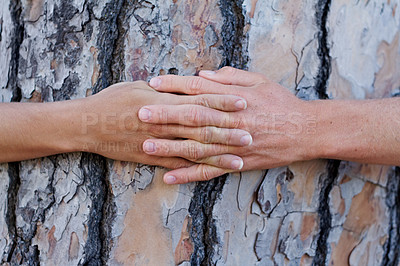 Buy stock photo Shot of someone hugging a tree in the woods
