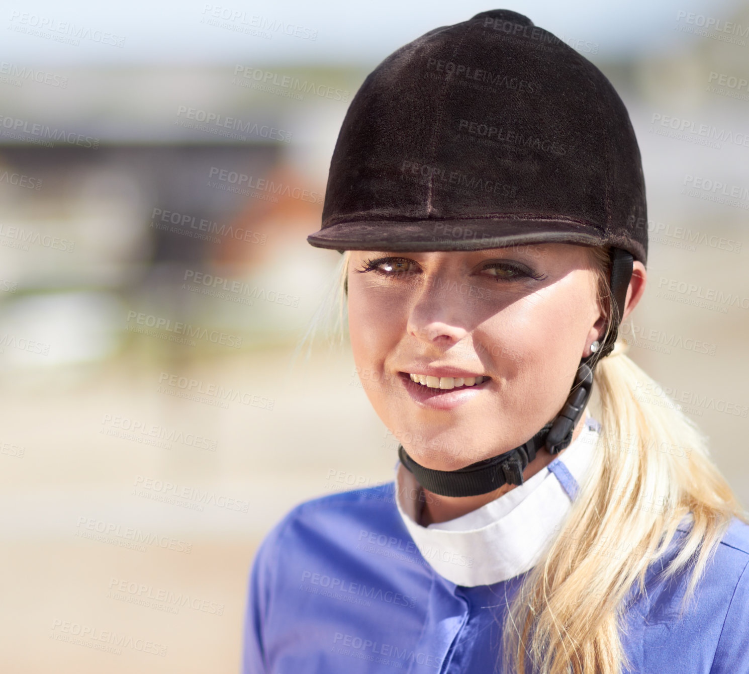 Buy stock photo Woman smile, horse jockey and portrait of a young athlete on equestrian training ground for show and race. Outdoor, female person face and mockup on a animal farm for dressage with rider and horses