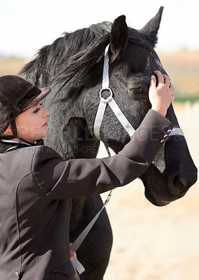 Buy stock photo Shot of a young female rider stroking her horses face
