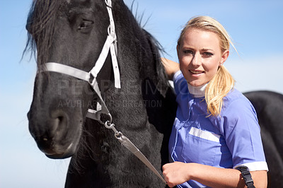 Buy stock photo Fitness, sports and portrait of woman and horse for equestrian, competition and contest. Happy, smile and animal show with female jockey and stallion for achievement, performance and training