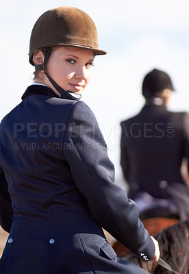 Buy stock photo Equestrian, rider and portrait of woman on horse for competition, training and show. Performance, riding and fitness with female jockey on stallion for animal, athlete and contest event