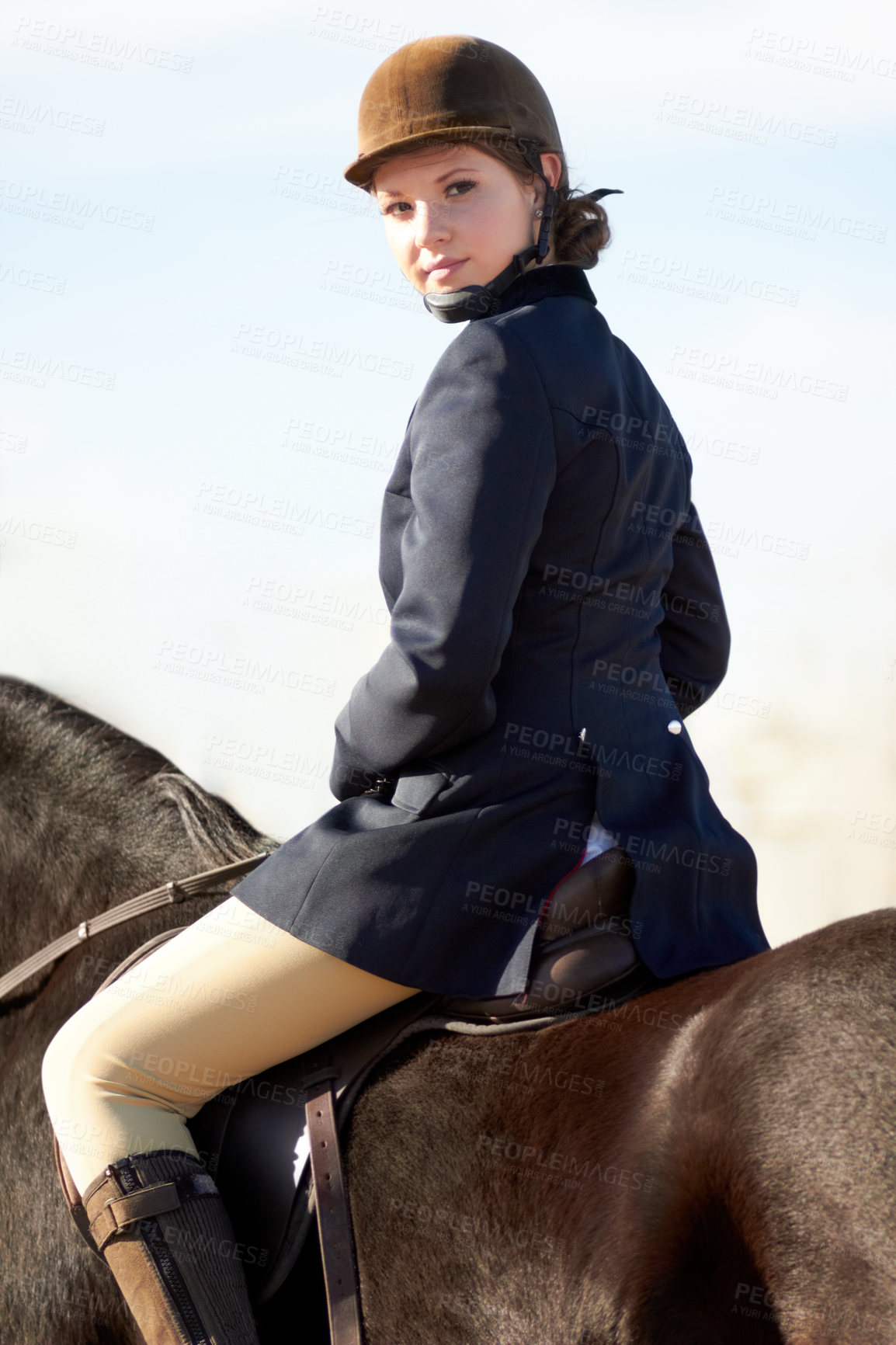 Buy stock photo Equestrian, sports and portrait of woman on horse for competition, training and show. Performance, riding and fitness with female jockey on stallion for animal, athlete and contest event