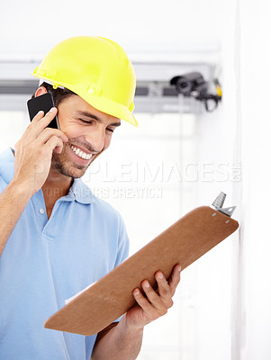 Buy stock photo Technician, happy and phone call for security camera, checklist and CCTV installation or services in home. Man or contractor reading clipboard for surveillance information, solution or mobile support