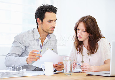 Buy stock photo Laptop, documents and business people planning, teamwork ideas and online collaboration in office meeting. Woman, man or partner with job paperwork, project solution and problem solving on computer