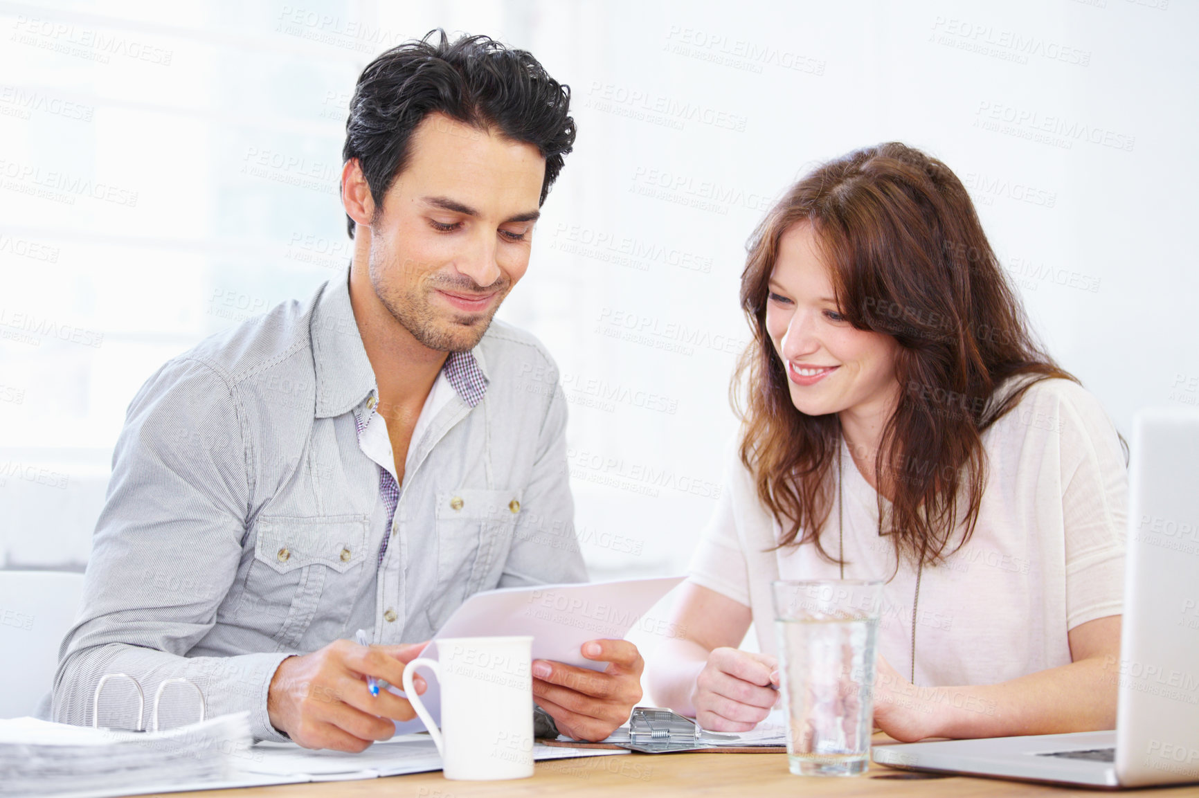 Buy stock photo Happy, documents and business people planning, teamwork and collaboration with taxes, finance and office meeting. Woman, man or partner with paperwork, project solution and reading financial profit