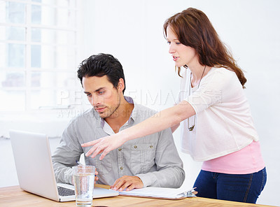 Buy stock photo Computer, advice and business people planning, reading and review for online proposal, teamwork and brainstorming in office. Professional woman and partner or boss on laptop for ideas or web feedback