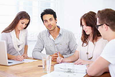 Buy stock photo Planning, portrait and business people in meeting at work for strategy, collaboration or teamwork. Talking, corporate and group of employees brainstorming, writing notes and communication about ideas