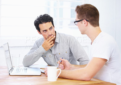 Buy stock photo Review, thinking and documents of business people or partner in meeting for teamwork, job questions and startup project. Man, clients or manager talking with paperwork and laptop of b2b collaboration