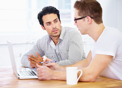 Buy stock photo Computer, planning and business man with partner in teamwork, collaboration and meeting for project ideas. People or startup clients talking of website design on laptop or software support in office