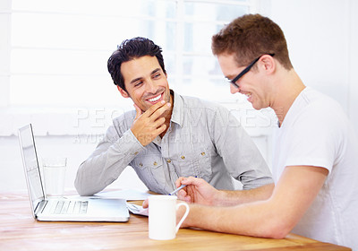 Buy stock photo Planning, thinking and ideas of business man with partner for happy teamwork, collaboration and startup project. People or young employees talking of website design on laptop and documents in meeting