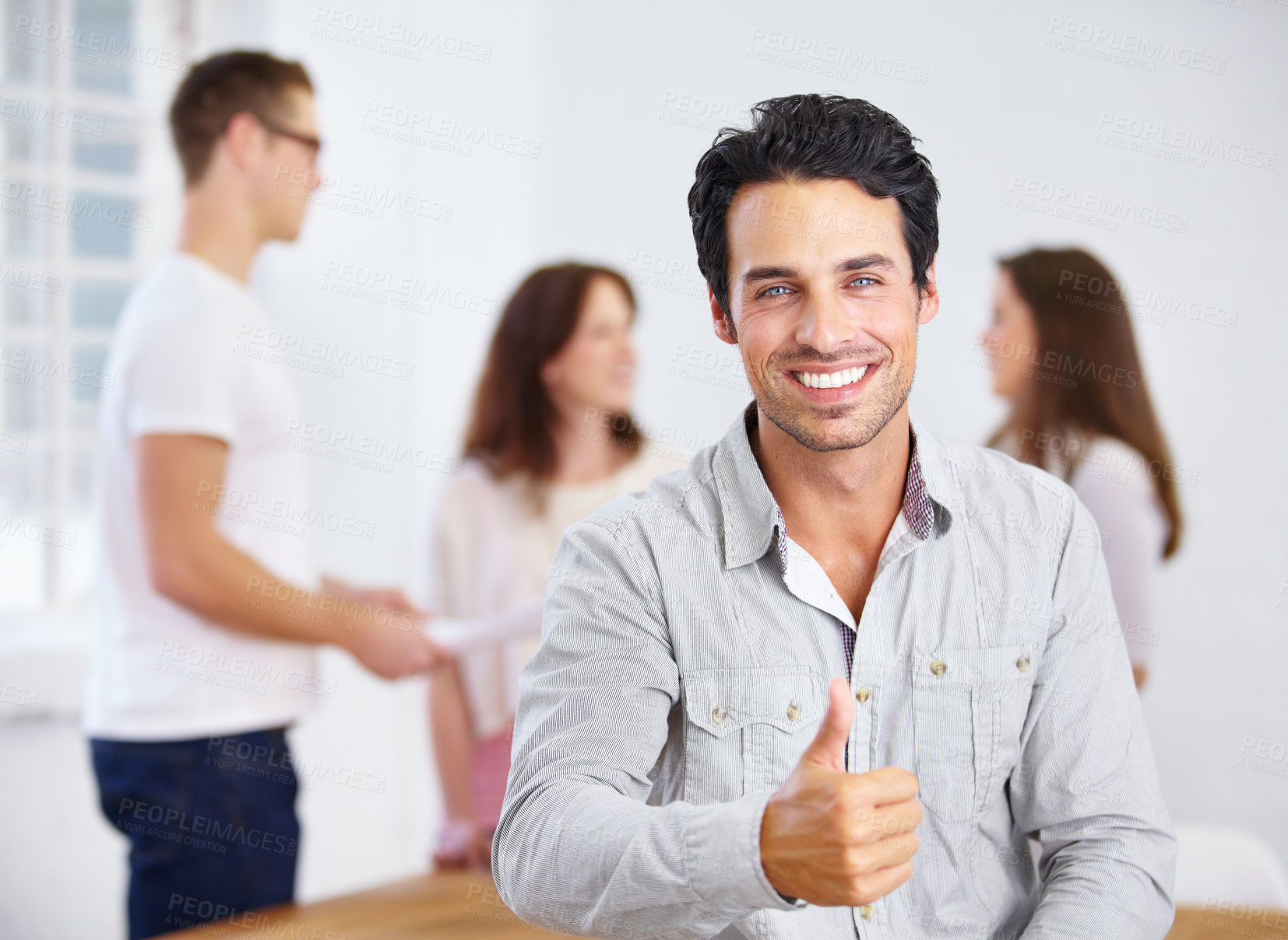 Buy stock photo Man, thumbs up and portrait for winning in office meeting success, achievement and yes, ok or like sign for startup. Face of happy person and okay, thank you or agreement emoji or hand in management