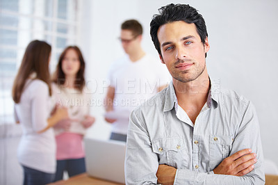 Buy stock photo Serious, portrait and business man with arms crossed in office, workplace or company. Face, confidence and male professional, entrepreneur or person with pride for career, job and success mindset.