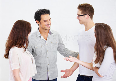 Buy stock photo Business, group and staff brainstorming, collaboration and discussion with people isolated against white studio background. Employees, men and women share ideas, planning or partnership with teamwork