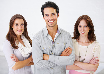 Buy stock photo Portrait, group and business people with arms crossed for leadership in office workplace together. Smile, friends and employees standing with confidence, teamwork and collaboration in company.