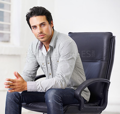 Buy stock photo Businessman, portrait and confidence for company goal as professional sales, corporate career or future growth pride. Male person, face or relax for opportunity calm or modern office, serious at job