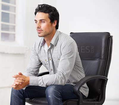 Buy stock photo Businessman, office and thinking company idea or mission thoughts for future, strategy or project planning. Male person, sales worker and problem solving, brain storming for corporate decision goal