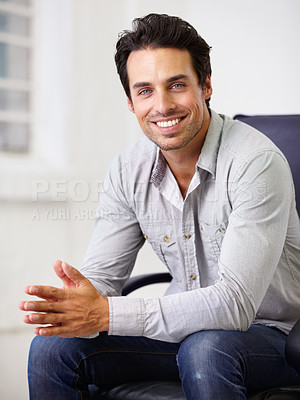 Buy stock photo Portrait, casual and man with a smile, chair and casual outfit in the workplace. Face, happy male person and gentleman with happiness, handsome and career with professional and startup success