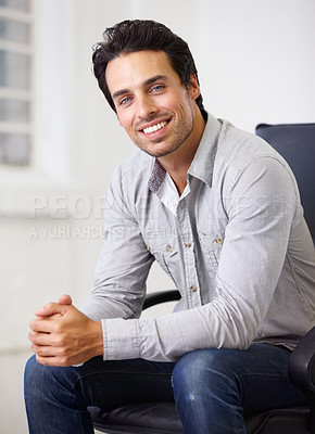 Buy stock photo Businessman, portrait and smile for office confidence or corporate marketing, company trust or manager employee. Male person, face for workplace development or experience growth, sale agent in future