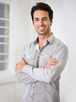 Buy stock photo Portrait, smile and man with his arms crossed, fashion and handsome with happiness, aesthetics or casual outfit. Face, male person or gentleman with joy, Canada and wellness with a positive attitude