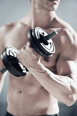 Buy stock photo Fitness, weight and closeup of man with muscles doing workout in gym for bodybuilding training. Sports, exercise and zoom of person from Canada with dumbbell equipment  for health in wellness center.